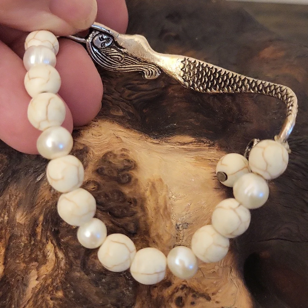 Mermaid  Silver, Pearl, & Gemstone Stretch Bracelet